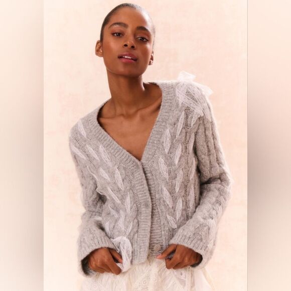 LoveShackFancy Louella Wool Knit Cardigan in Gray - Size S - Picture 1 of 11